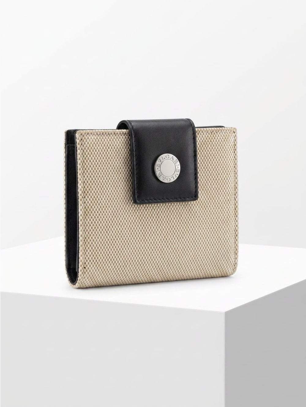 BVLGARI Beige Canvas Compact Wallet with Black Leather Snap